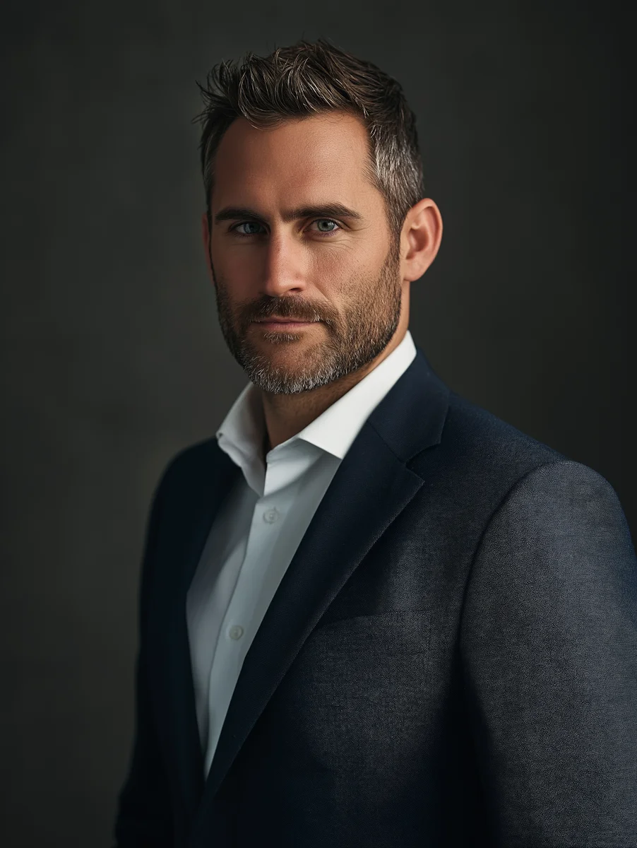 A man in a suit and tie posing for a picture.